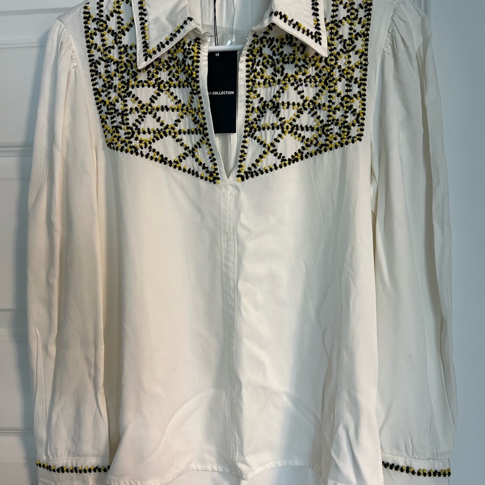 Sfera Collection Button Down Shirt with Black and Yellow Embroidery and Beads